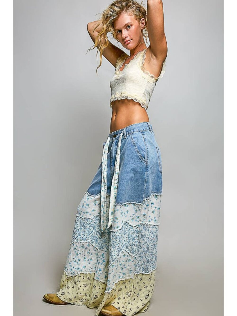 POL Varied Asymmetrical Patchwork Buckle Back Detail Woven Pants